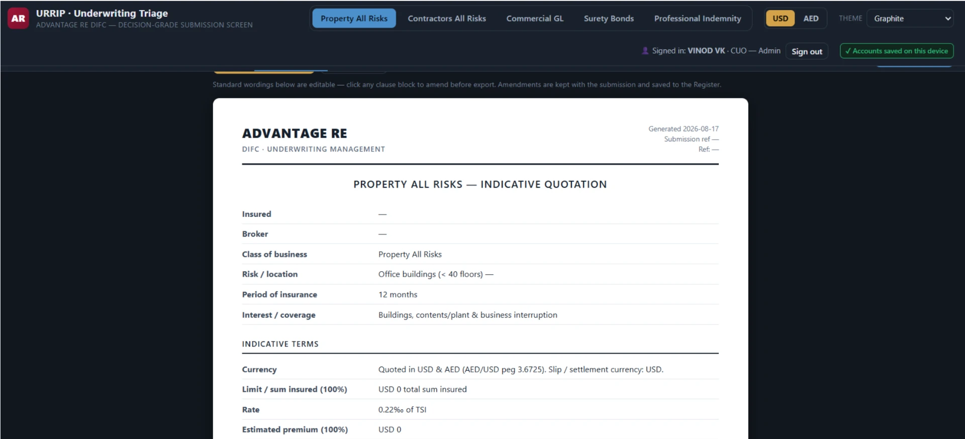 URRIP indicative quotation slip document